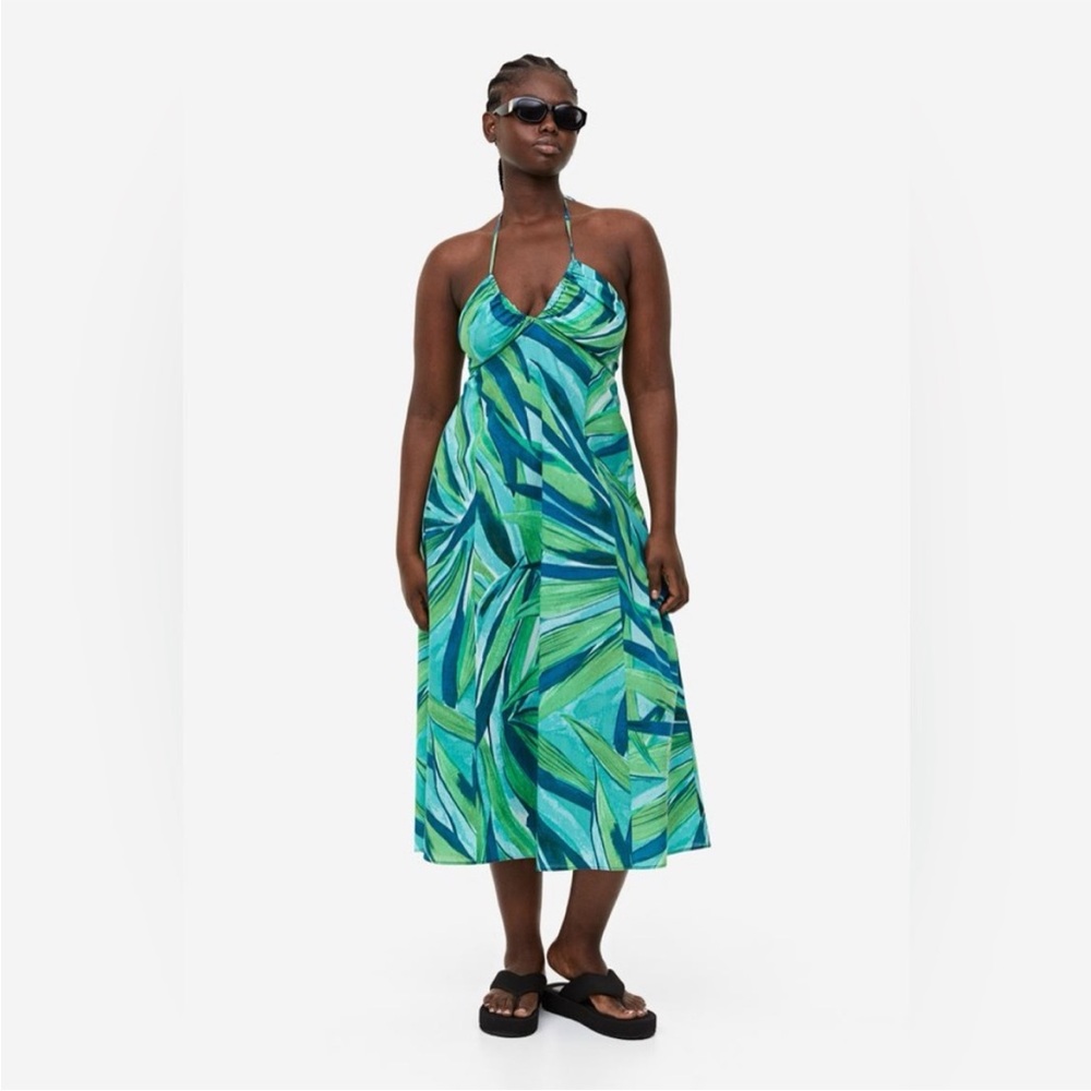 H&M NWOT Green and Blue Patterned Midi Dress
